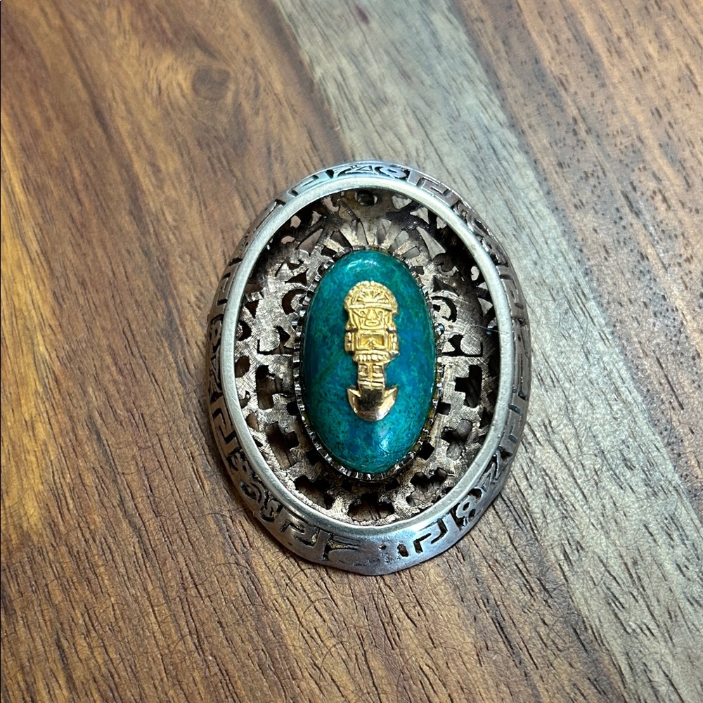 Silver and Turquoise Oval Brooch 2x1.5” tested 925 silver